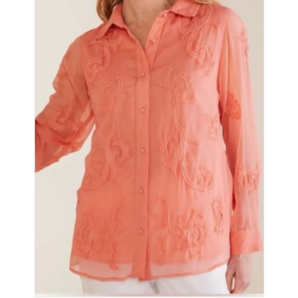 Soft Surroundings XL Savannah Embellished Tunic‎ Button Down Coral Women's